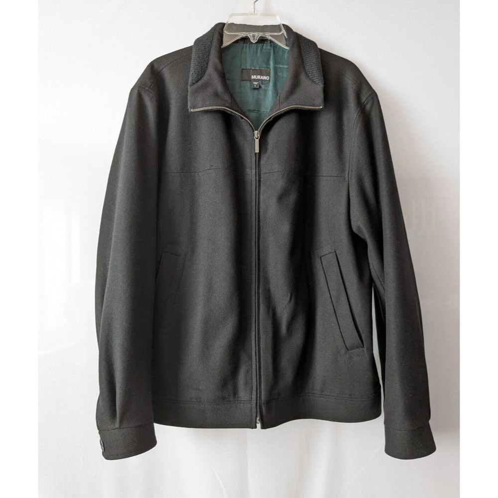 Murano Bomber Jacket Mens Large Wool With Knit Collar Trim Long Sleeve Black